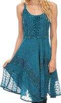 Sakkas Calleea Mid Length Embroidery Sleeveless Spaghetti Strap Corset Batik Dress#color_Turquoise