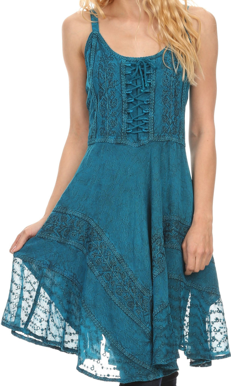 Sakkas Calleea Mid Length Embroidery Sleeveless Spaghetti Strap Corset Batik Dress