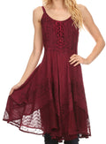 Sakkas Calleea Mid Length Embroidery Sleeveless Spaghetti Strap Corset Batik Dress#color_Wine