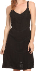 Sakkas Rhyder Mid Strapless Spaghetti Strap Adjustable Embroidered Batik Dress #color_Black