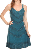 Sakkas Rhyder Mid Strapless Spaghetti Strap Adjustable Embroidered Batik Dress #color_Turquoise