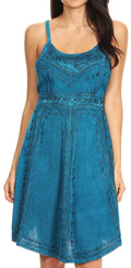 Sakkas Markay Short Mid Length Spaghetti Strap Sleeveless Embroidered Batik Dress#color_Turquoise