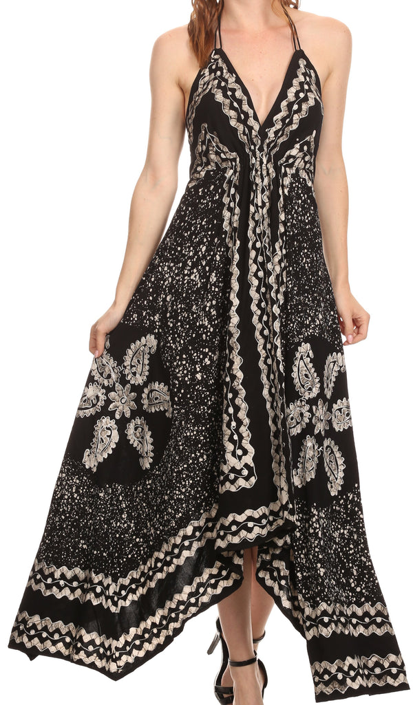 Sakkas Aleayma Strapless Long Adjustable Bead Embroidered Dyed Halter Top Dress#color_Black