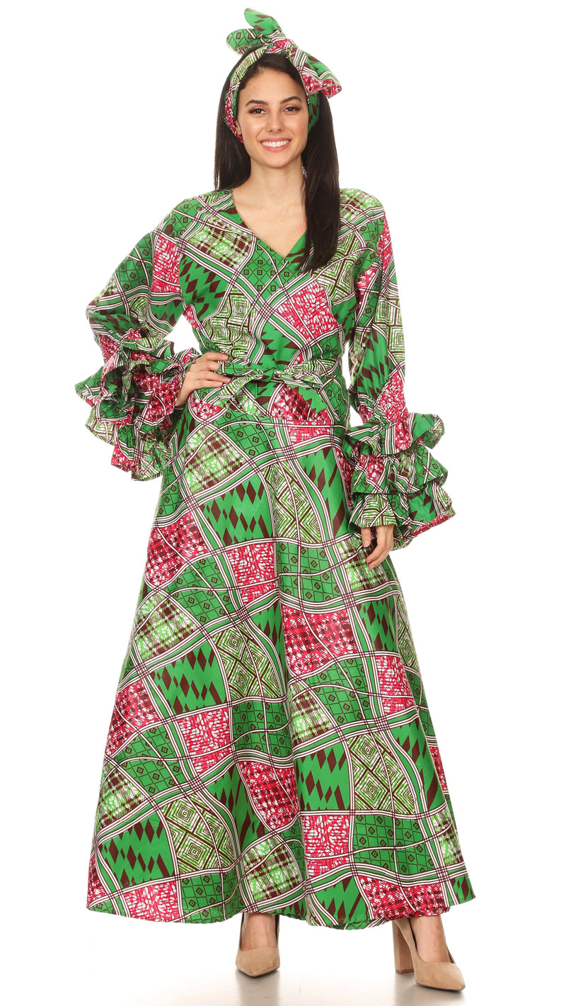 Sakkas Tale Women's Maxi Long Sleeve Wrap Dress with Pockets African Ankara Print