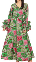 Sakkas Tale Women's Maxi Long Sleeve Wrap Dress with Pockets African Ankara Print#color_117-GreenFuchsia