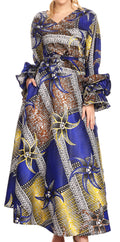 Sakkas Tale Women's Maxi Long Sleeve Wrap Dress with Pockets African Ankara Print#color_118-RoyalYellowMulti 