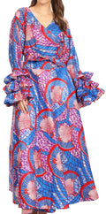Sakkas Tale Women's Maxi Long Sleeve Wrap Dress with Pockets African Ankara Print#color_119-BlueRedMulti 