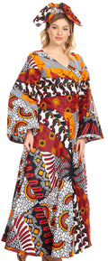 Sakkas Tale Women's Maxi Long Sleeve Wrap Dress with Pockets African Ankara Print#color_120-WhiteNavyRed 