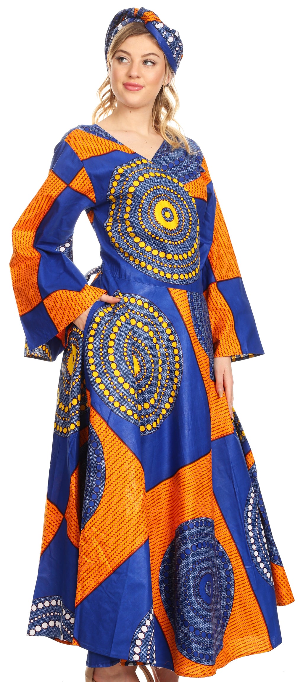 Sakkas Tale Women's Maxi Long Sleeve Wrap Dress with Pockets African A