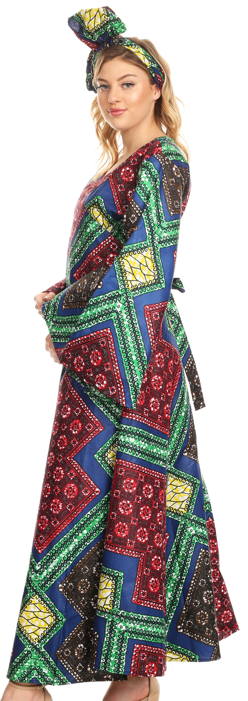 Sakkas Tale Women's Maxi Long Sleeve Wrap Dress with Pockets African Ankara Print