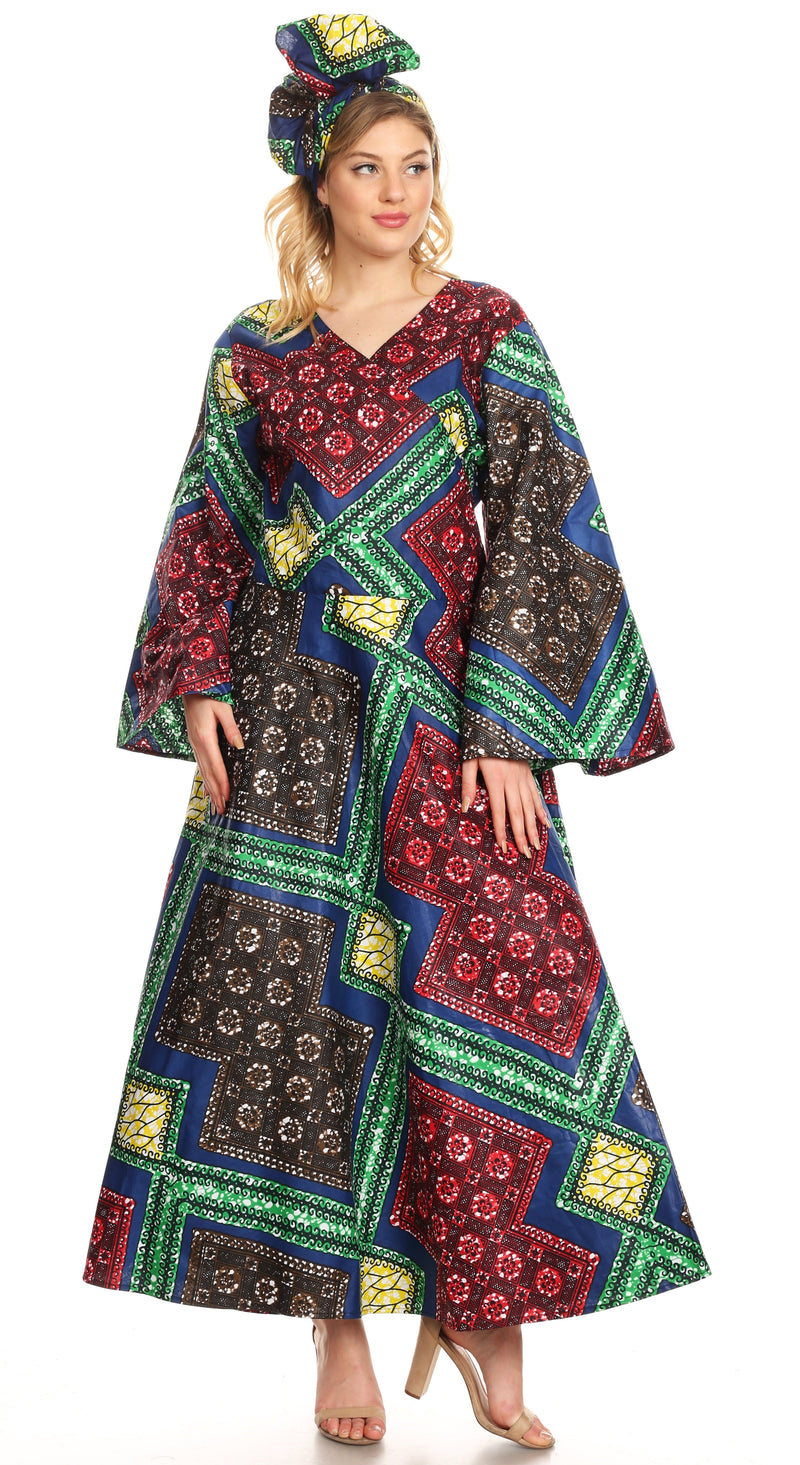 Sakkas Tale Women's Maxi Long Sleeve Wrap Dress with Pockets African Ankara Print