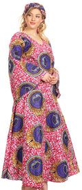 Sakkas Tale Women's Maxi Long Sleeve Wrap Dress with Pockets African Ankara Print#color_34-Multi 