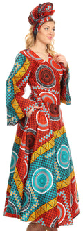 Sakkas Tale Women's Maxi Long Sleeve Wrap Dress with Pockets African Ankara Print#color_35-Multi