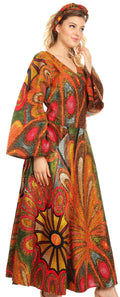 Sakkas Tale Women's Maxi Long Sleeve Wrap Dress with Pockets African Ankara Print#color_501-Multi 