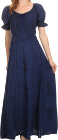 Sakkas Ashlay Adjustable Long Paneled Ruffled Cap Sleeve Scoop Neck Batik Dress#color_Navy