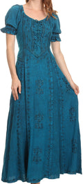 Sakkas Ashlay Adjustable Long Paneled Ruffled Cap Sleeve Scoop Neck Batik Dress#color_Turquoise