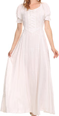 Sakkas Ashlay Adjustable Long Paneled Ruffled Cap Sleeve Scoop Neck Batik Dress#color_White