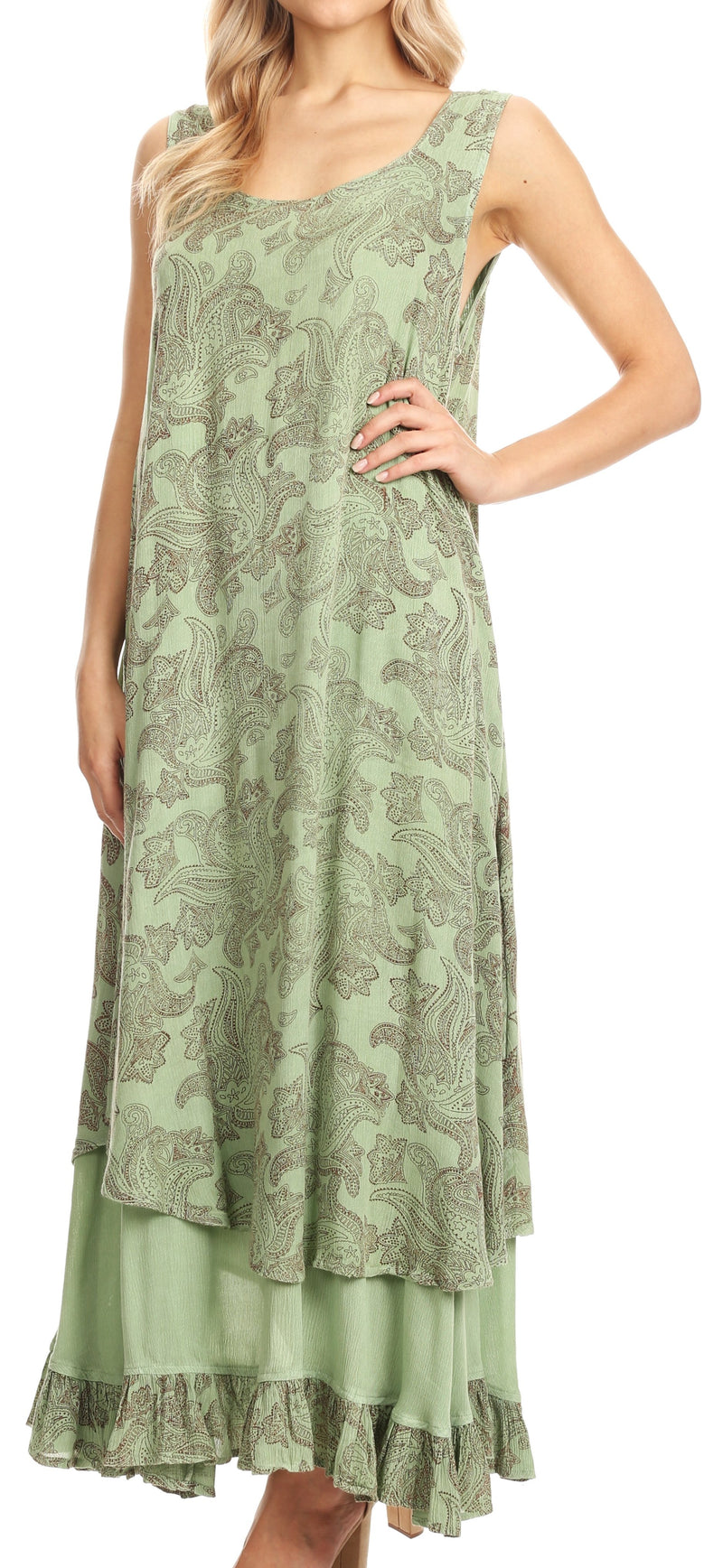 Sakkas Paak Tall Long Batik Paisely Print Ruffle Hem Lined Caftan Tank Top Dress