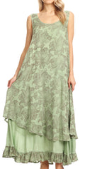 Sakkas Paak Tall Long Batik Paisely Print Ruffle Hem Lined Caftan Tank Top Dress #color_Green
