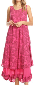 Sakkas Paak Tall Long Batik Paisely Print Ruffle Hem Lined Caftan Tank Top Dress #color_Pink