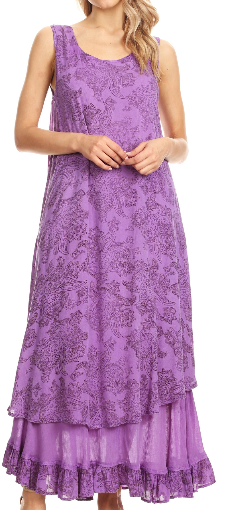 Sakkas Paak Tall Long Batik Paisely Print Ruffle Hem Lined Caftan Tank Top Dress