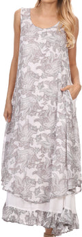 Sakkas Paak Tall Long Batik Paisely Print Ruffle Hem Lined Caftan Tank Top Dress #color_White