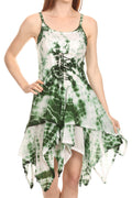 Sakkas Paige Mid Length Handkerchief Tank Top Spaghetti Strap Dress With Tie Dye#color_Green