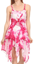 Sakkas Paige Mid Length Handkerchief Tank Top Spaghetti Strap Dress With Tie Dye#color_Pink