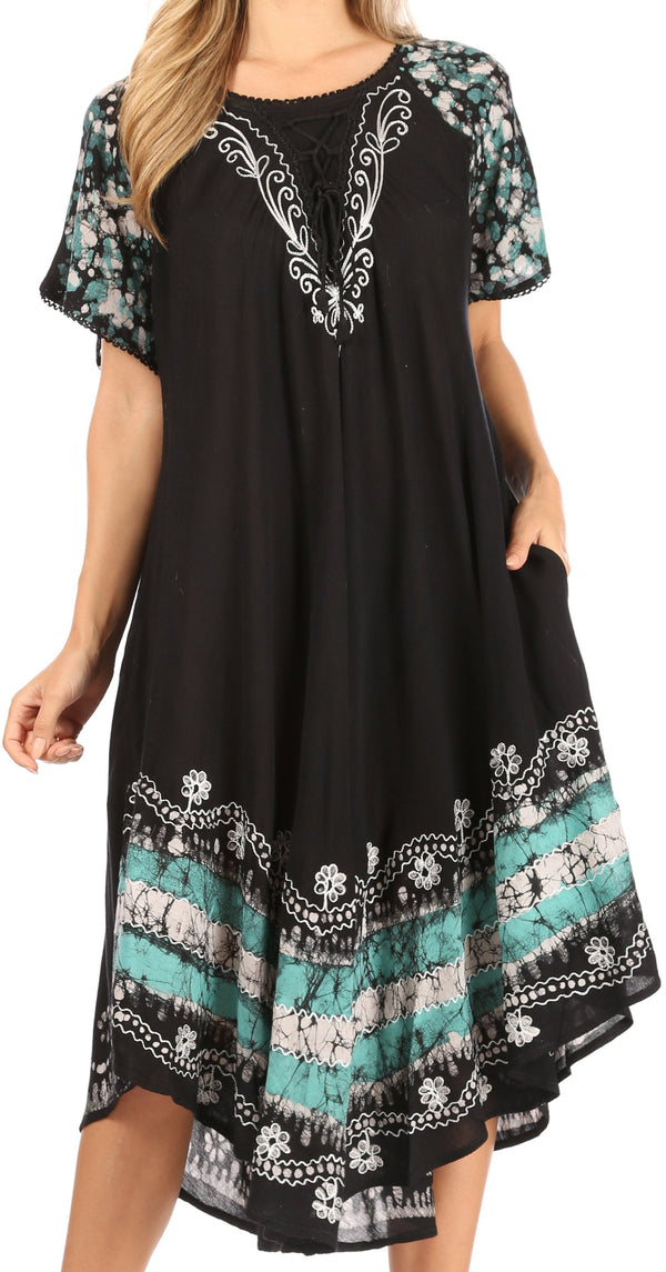 Sakkas Elisha Mid Length Batik Caftan Embroidered Cap Sleeves Floral Pattern#color_Black/Mint