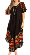 Sakkas Elisha Mid Length Batik Caftan Embroidered Cap Sleeves Floral Pattern#color_Black/Red