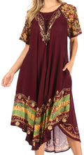 Sakkas Elisha Mid Length Batik Caftan Embroidered Cap Sleeves Floral Pattern#color_Chocolate/Green