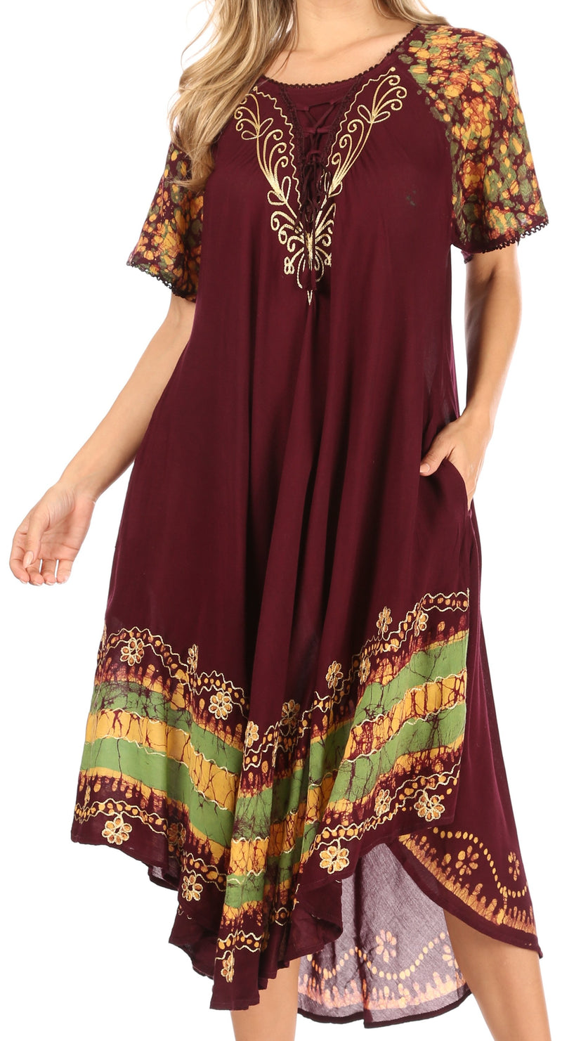 Sakkas Elisha Mid Length Batik Caftan Embroidered Cap Sleeves Floral Pattern