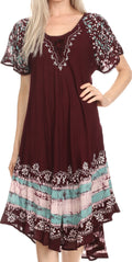 Sakkas Elisha Mid Length Batik Caftan Embroidered Cap Sleeves Floral Pattern#color_Chocolate/Mint