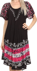 Sakkas Elisha Mid Length Batik Caftan Embroidered Cap Sleeves Floral Pattern#color_Navy/Pink