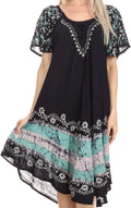 Sakkas Elisha Mid Length Batik Caftan Embroidered Cap Sleeves Floral Pattern#color_Navy/Turquoise