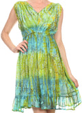 Sakkas Ganya Mid Length Ruffled Bottom Sleeveless Ombre Tie Dye Wash Batik Dress#color_Lime