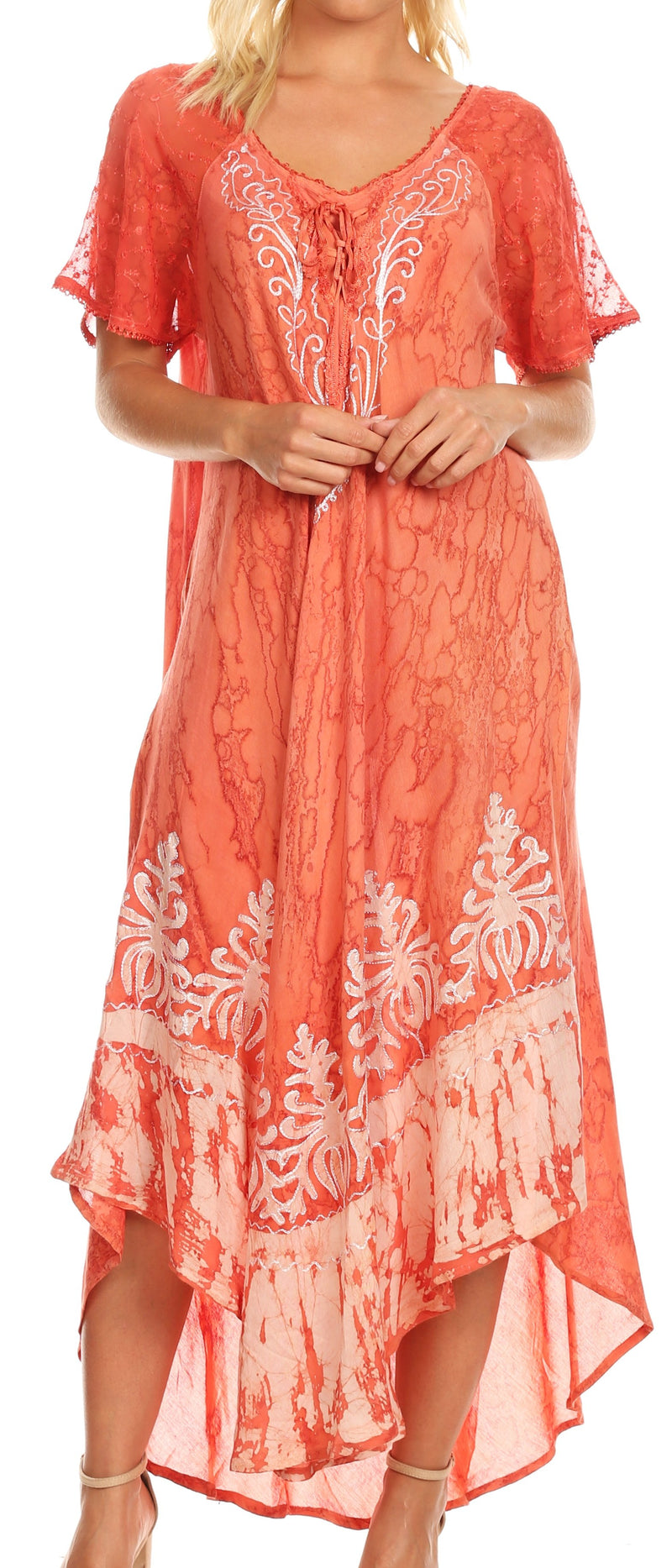 Sakkas Ronny Lace Embroidered Cap Sleeve Tie Dye Wash Caftan Dress / Cover Up