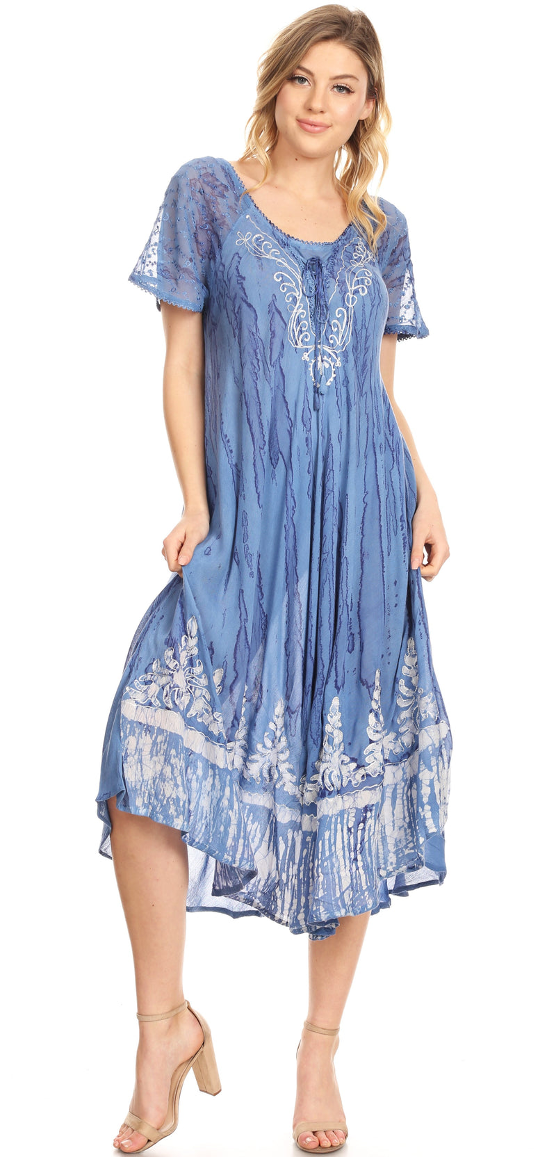 Sakkas Ronny Lace Embroidered Cap Sleeve Tie Dye Wash Caftan Dress / Cover Up