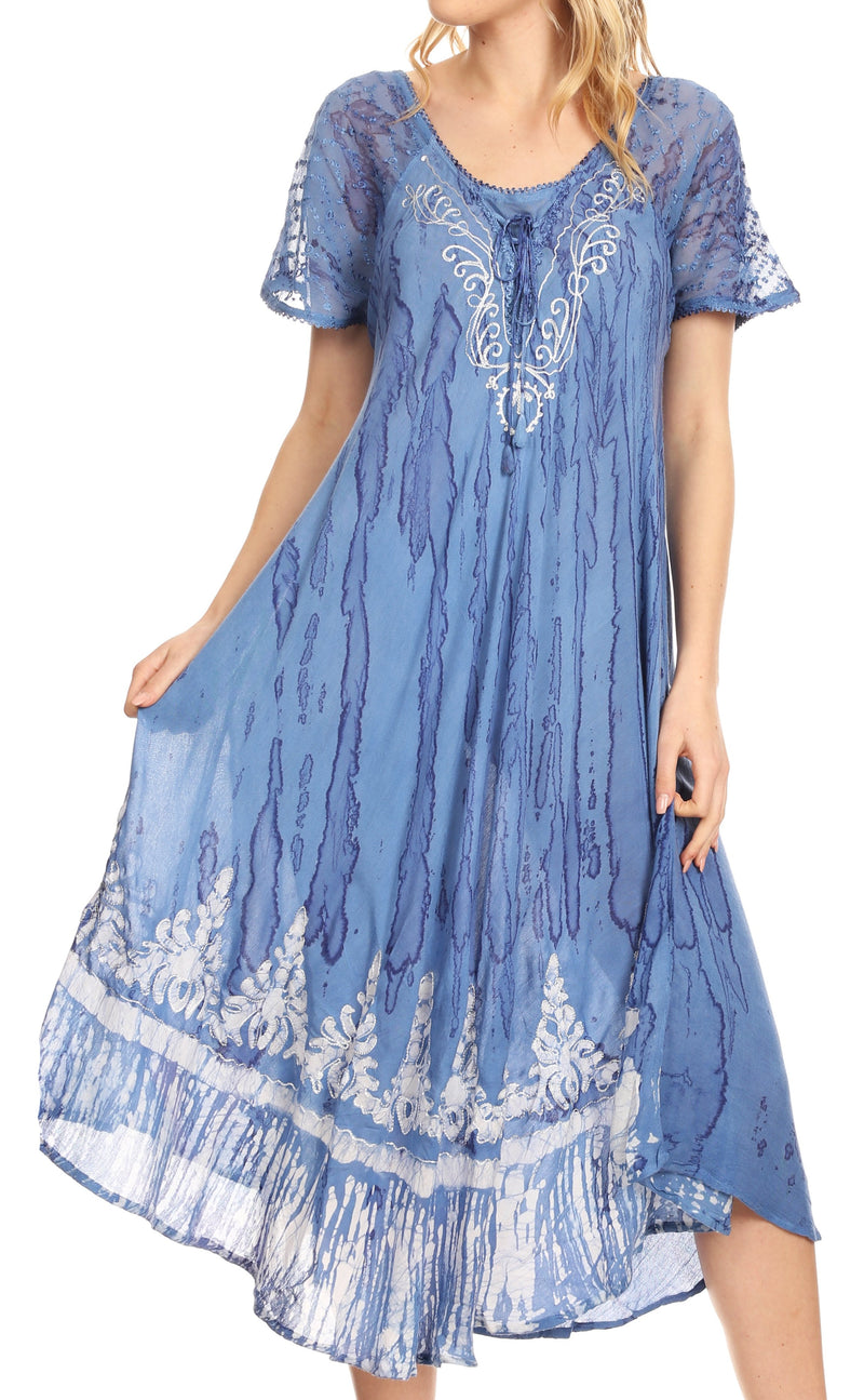 Sakkas Ronny Lace Embroidered Cap Sleeve Tie Dye Wash Caftan Dress / Cover Up