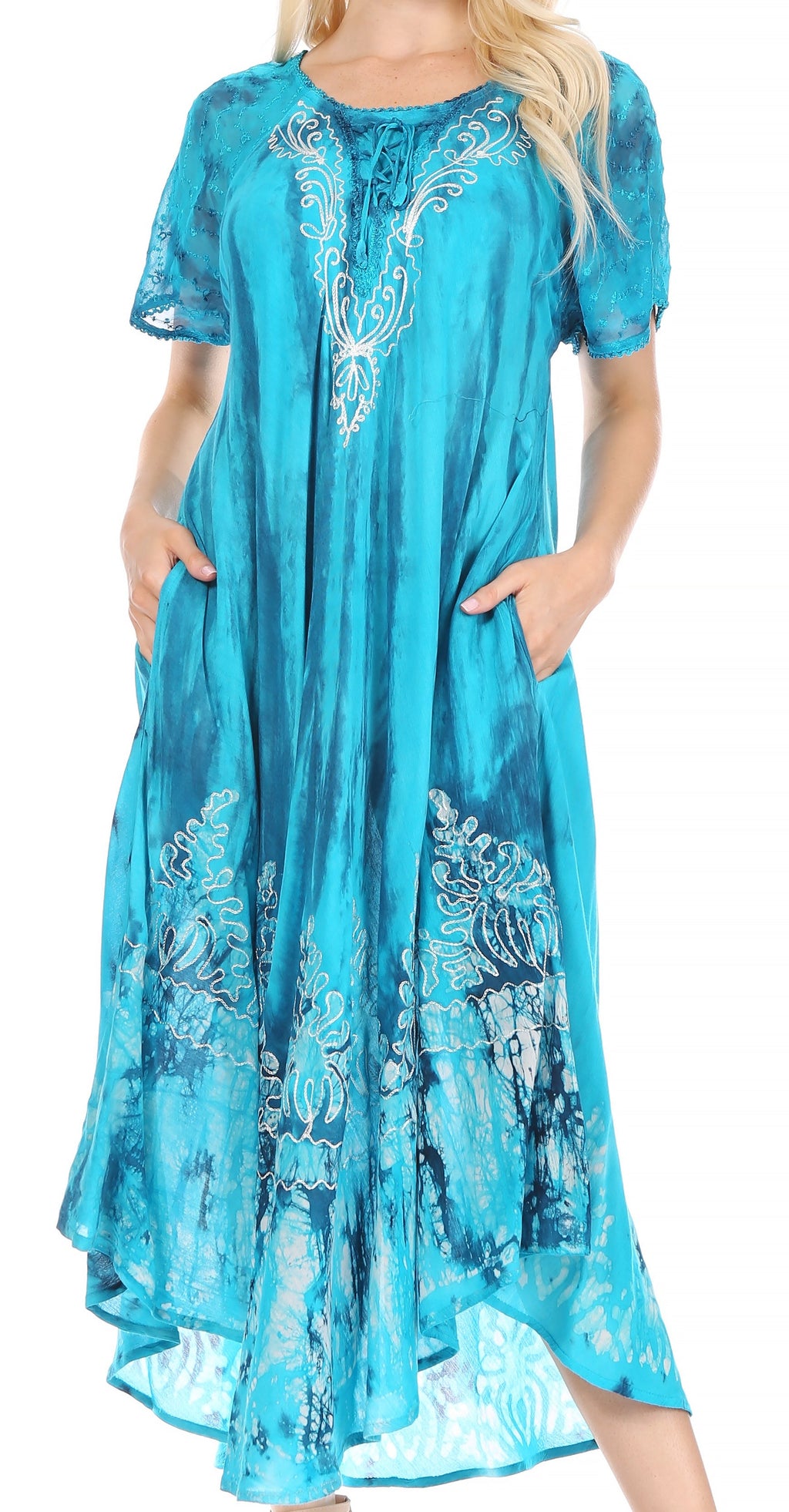 Sakkas Ronny Lace Embroidered Cap Sleeve Tie Dye Wash Caftan Dress / C