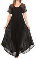 Sakkas Shasta Lace Embroidered Cap Sleeves Long Caftan Dress / Cover Up#color_Black