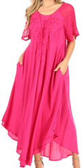 Sakkas Shasta Lace Embroidered Cap Sleeves Long Caftan Dress / Cover Up#color_fuchsia