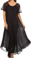 Sakkas Shasta Lace Embroidered Cap Sleeves Long Caftan Dress / Cover Up#color_Navy