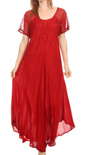 Sakkas Shasta Lace Embroidered Cap Sleeves Long Caftan Dress / Cover Up#color_Red
