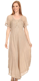 Sakkas Shasta Lace Embroidered Cap Sleeves Long Caftan Dress / Cover Up