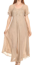 Sakkas Shasta Lace Embroidered Cap Sleeves Long Caftan Dress / Cover Up#color_Stone