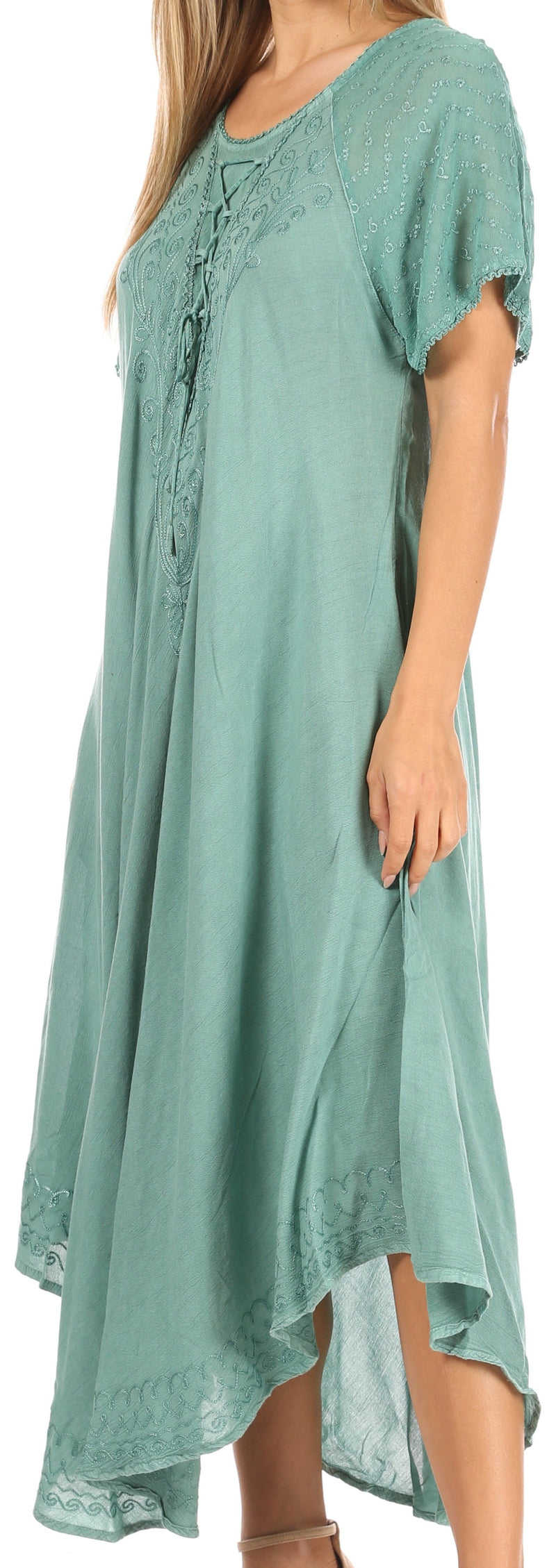 Sakkas Shasta Lace Embroidered Cap Sleeves Long Caftan Dress / Cover Up