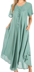 Sakkas Shasta Lace Embroidered Cap Sleeves Long Caftan Dress / Cover Up#color_Teal