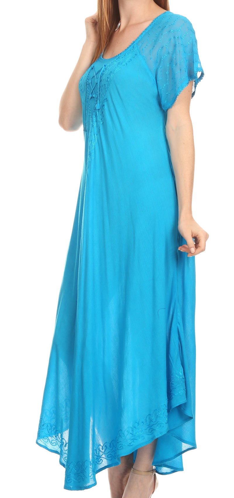 Sakkas Shasta Lace Embroidered Cap Sleeves Long Caftan Dress / Cover Up