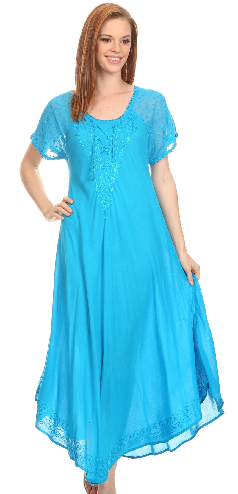 Sakkas Shasta Lace Embroidered Cap Sleeves Long Caftan Dress / Cover Up
